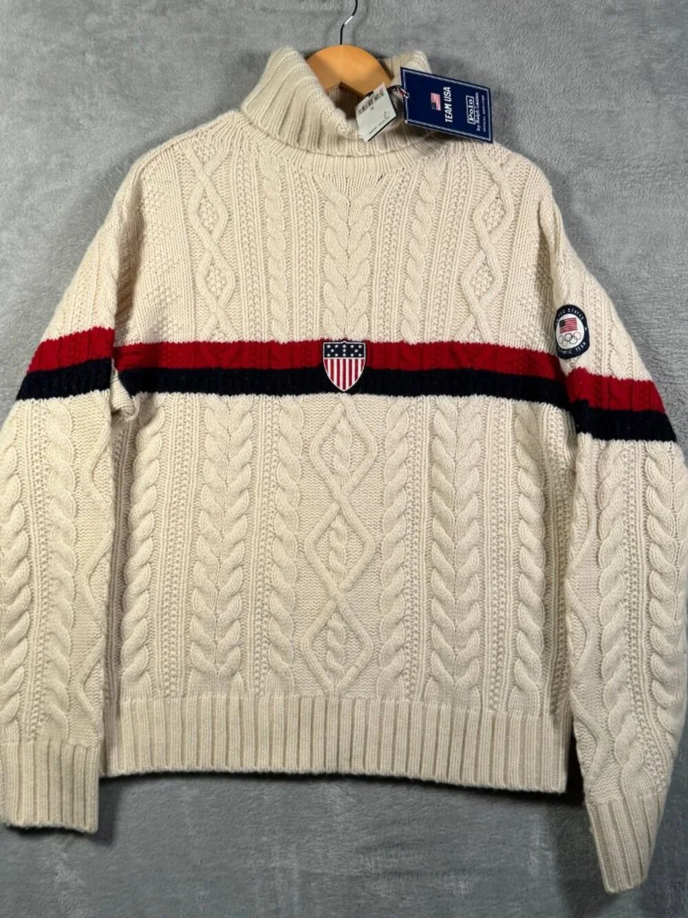 Polo Ralph Lauren Sweater Mens M Cream Team USA Olympic Cable Knit Wool $398